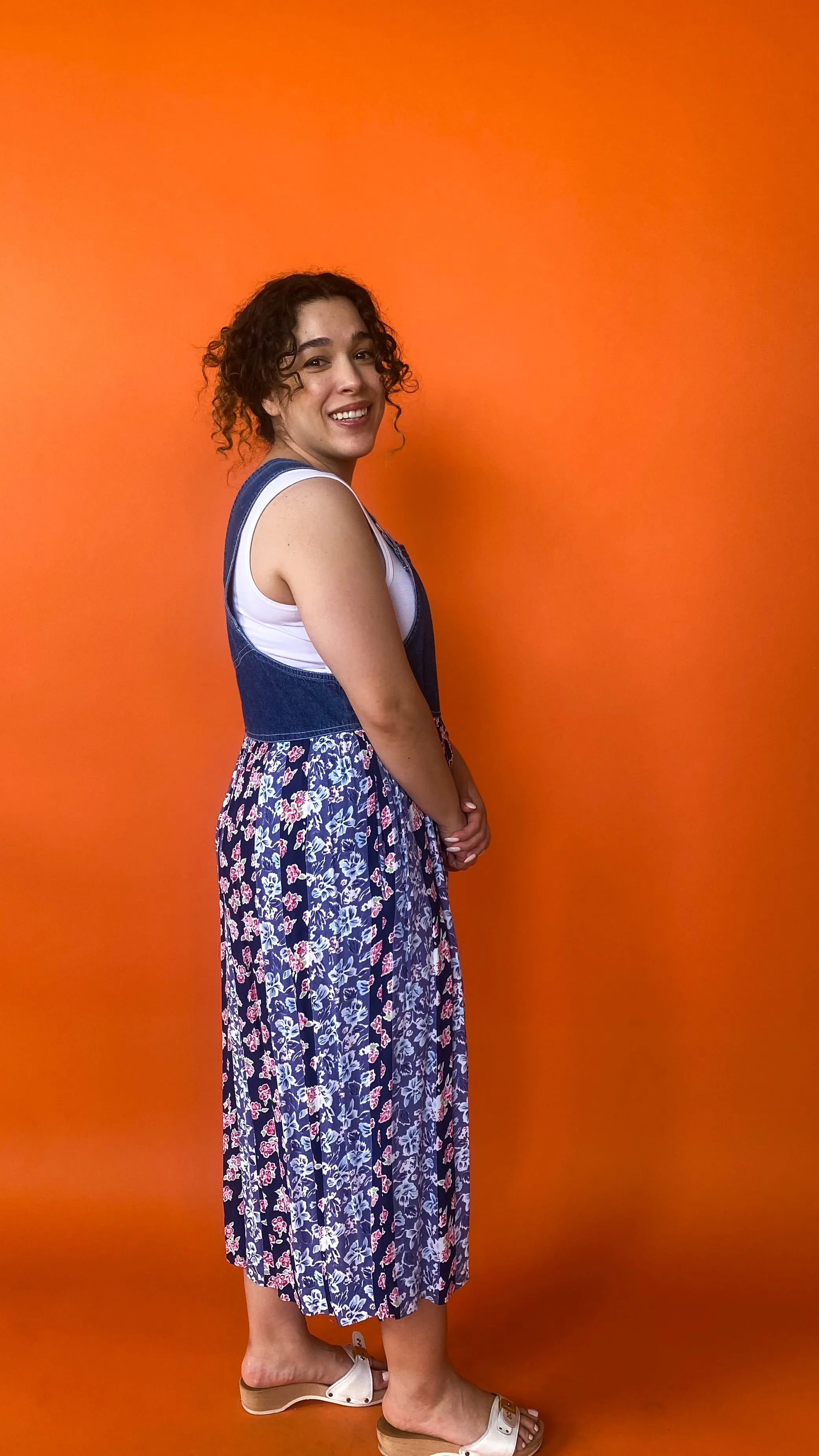 1990s Denim & Floral Overall Maxi Dress, sz. M