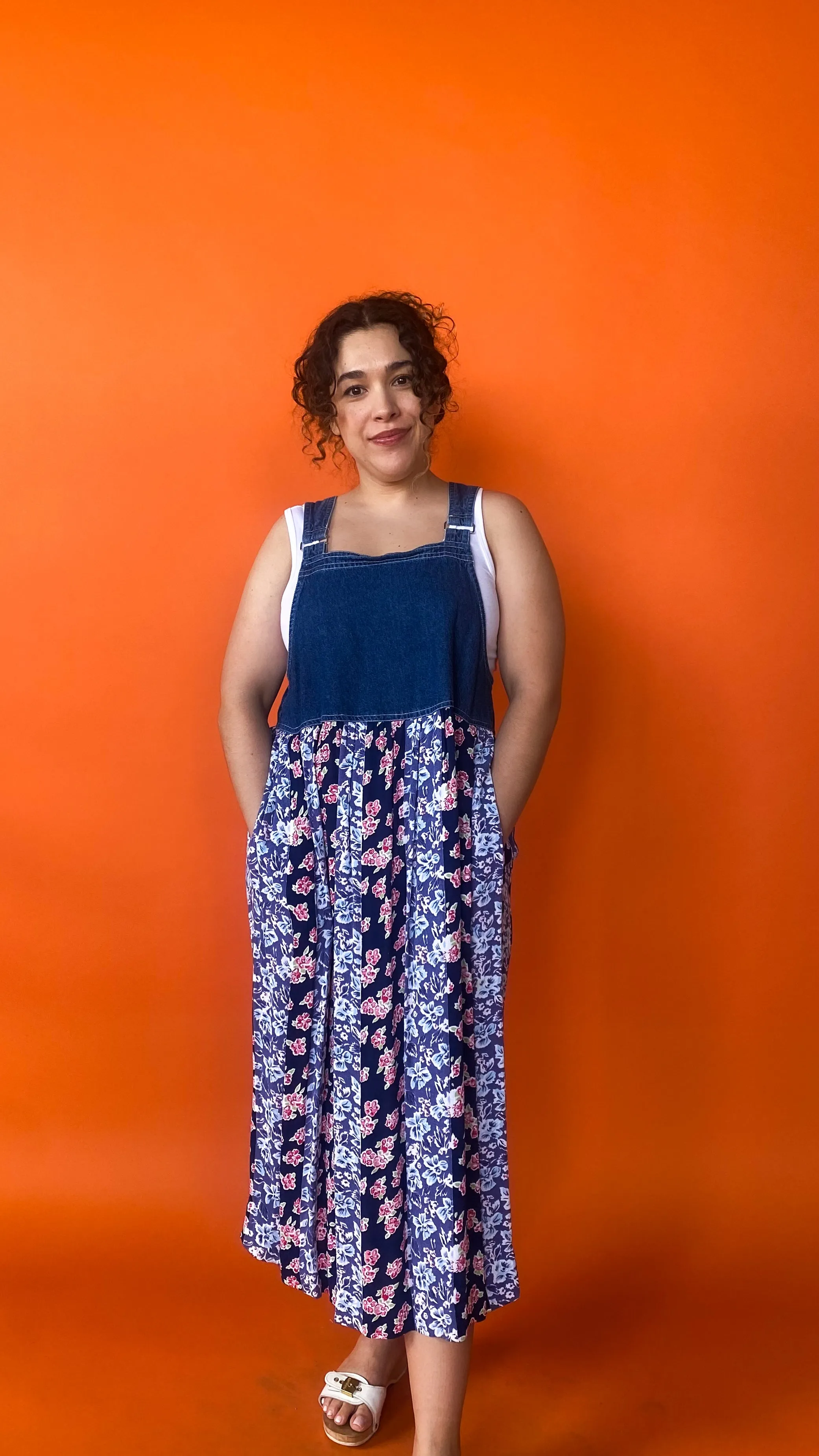 1990s Denim & Floral Overall Maxi Dress, sz. M
