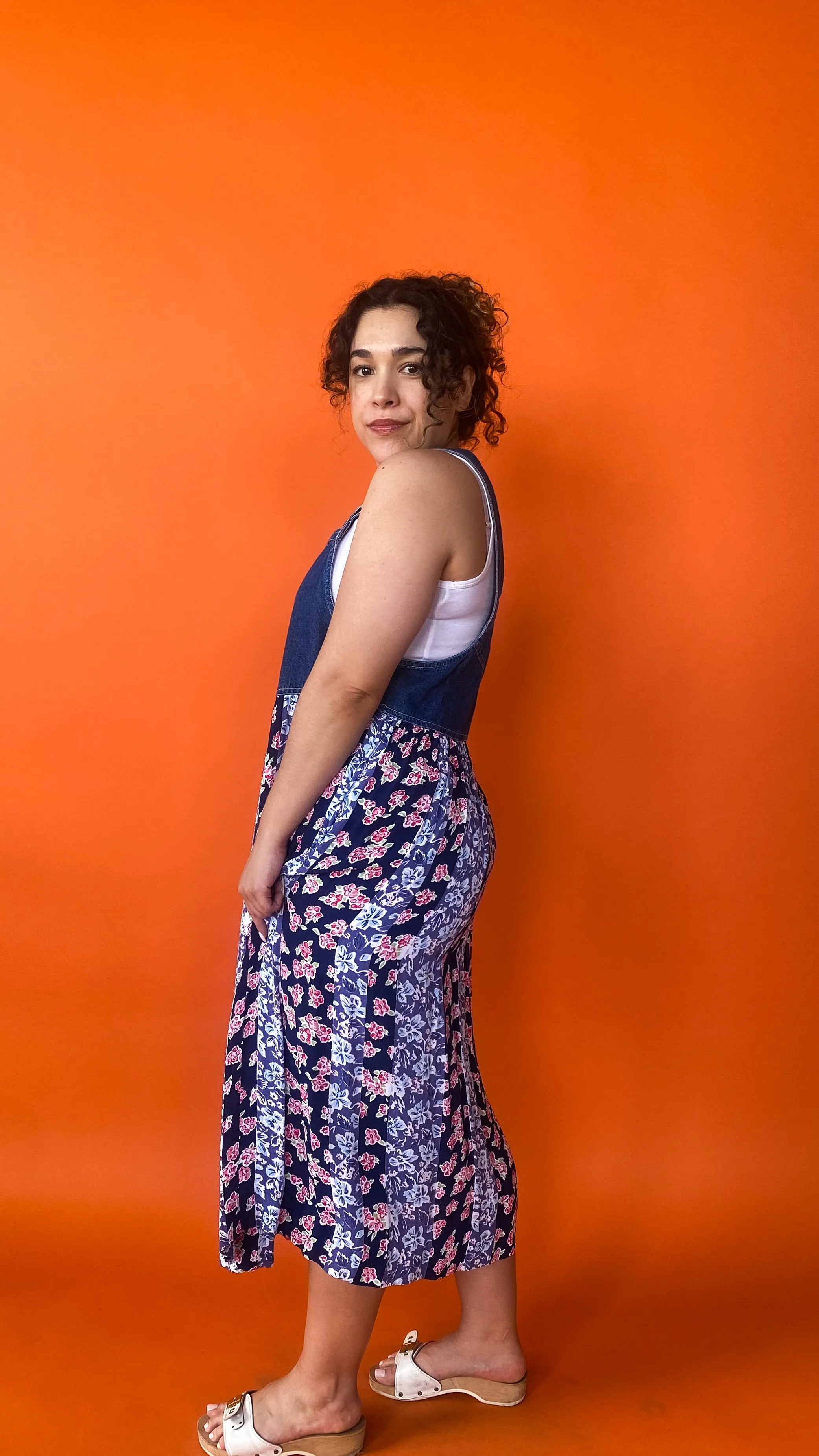 1990s Denim & Floral Overall Maxi Dress, sz. M