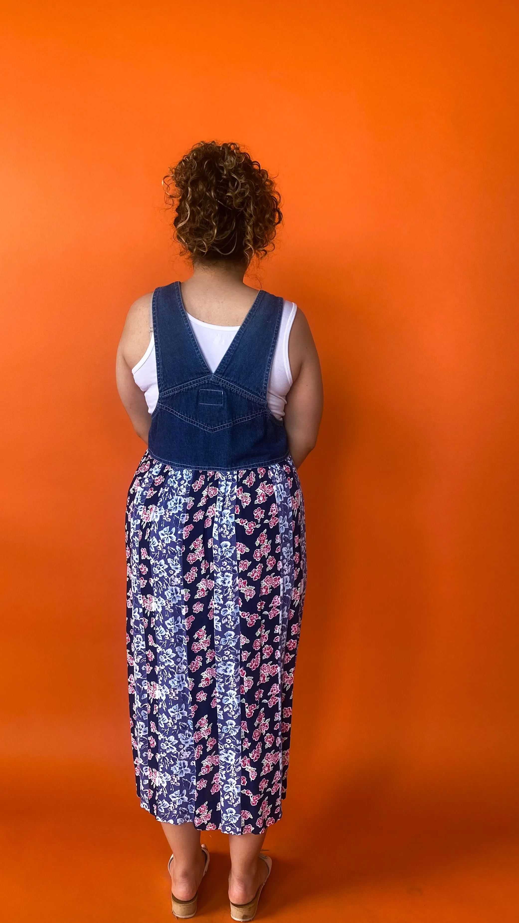 1990s Denim & Floral Overall Maxi Dress, sz. M