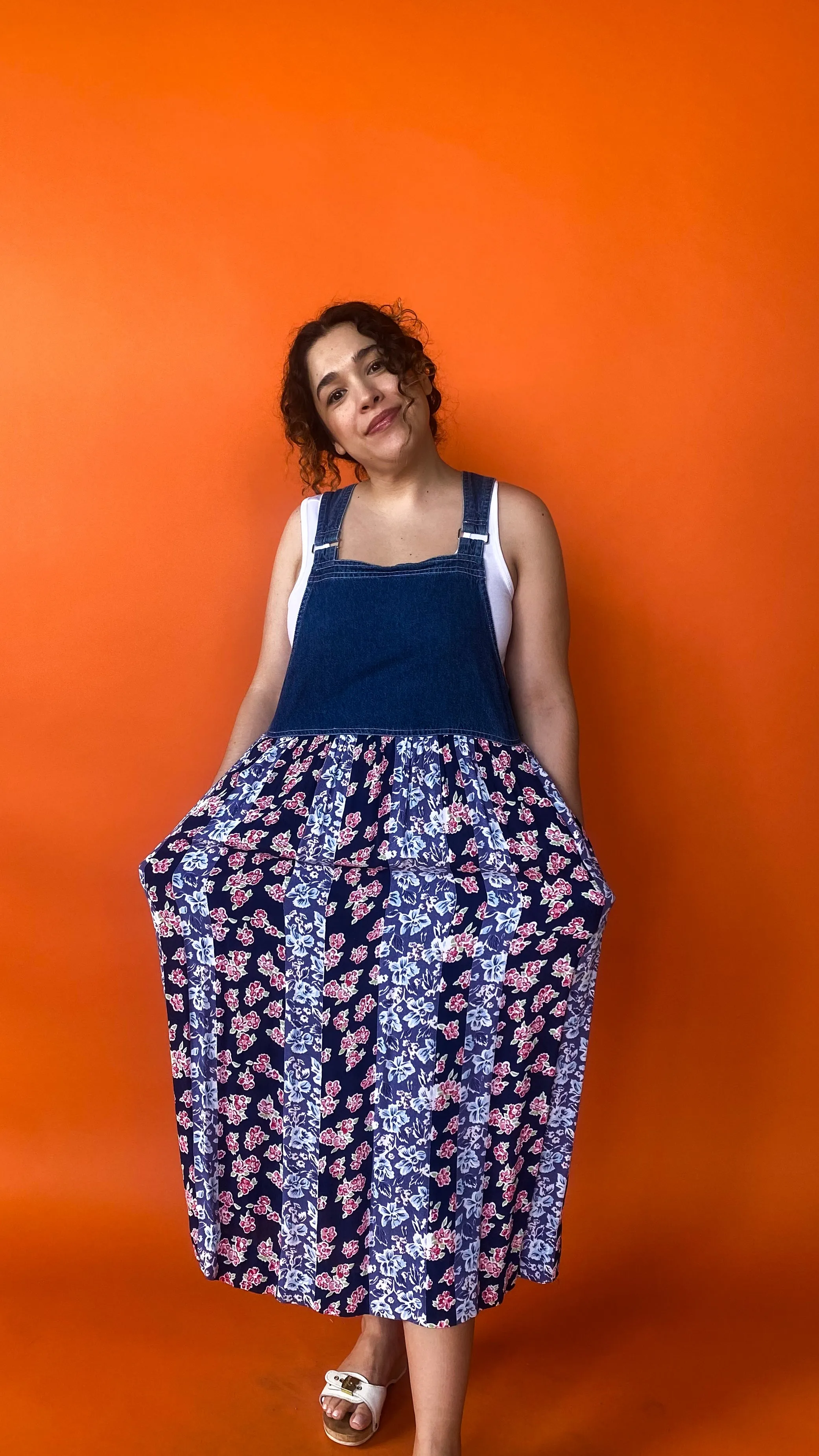1990s Denim & Floral Overall Maxi Dress, sz. M