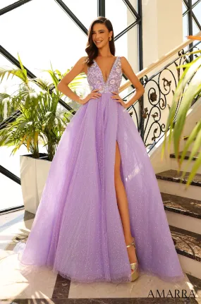 Amarra 94052 Beaded V Neck A Line Maxi Slit Sequin Prom Dress Pageant Gown Train Tulle