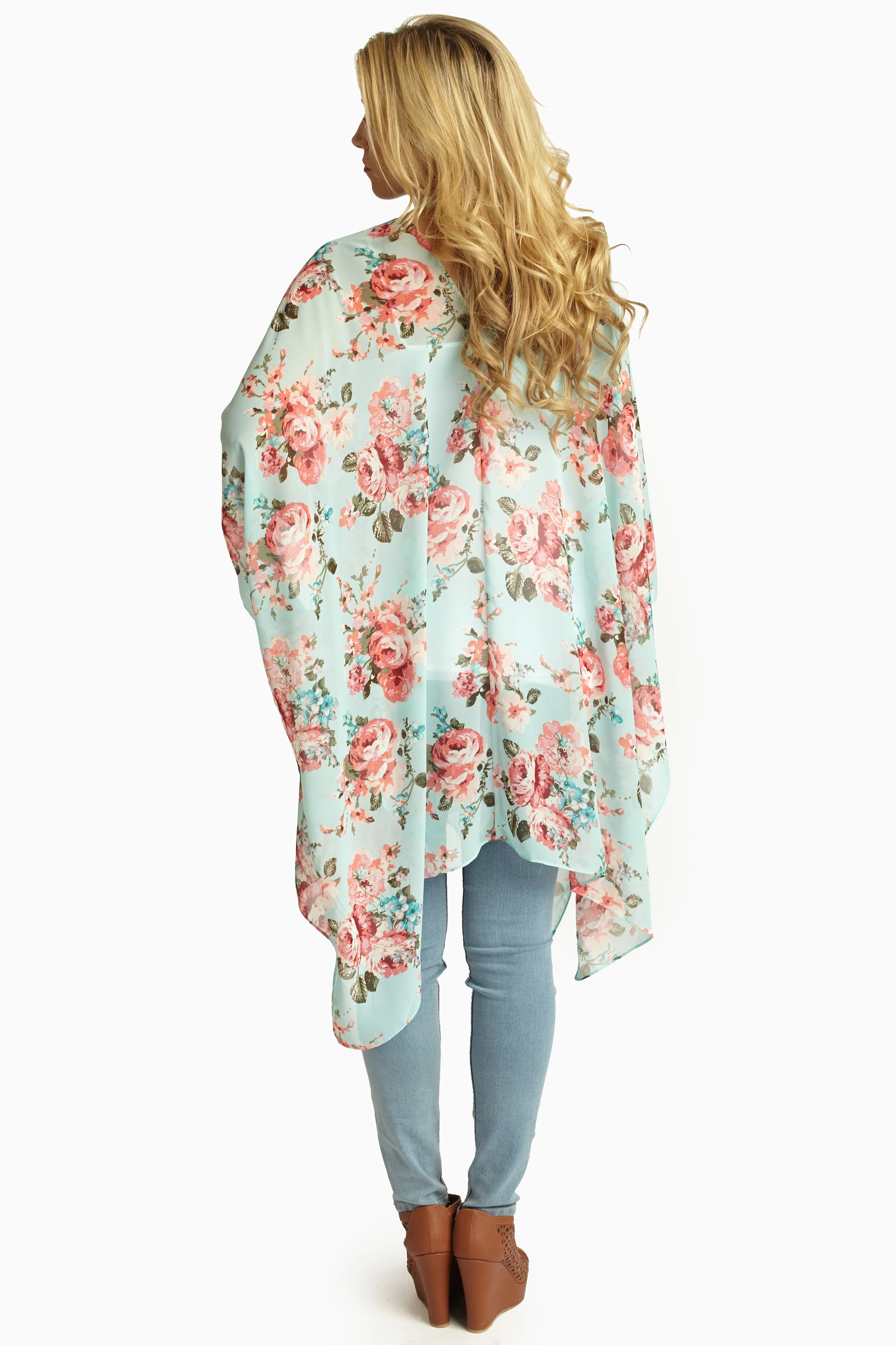 Aqua Pink Floral Sheer Maxi Cardigan