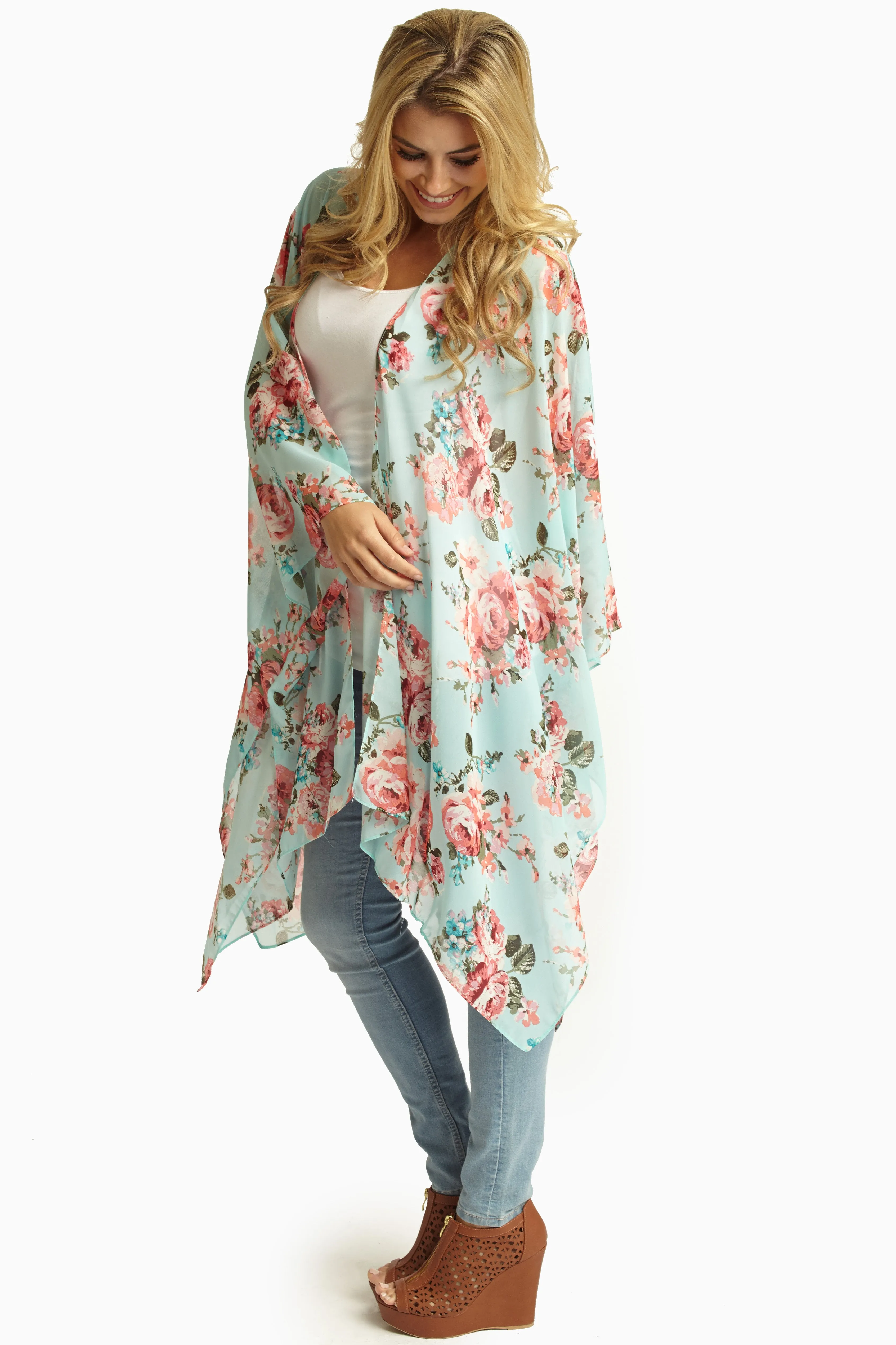Aqua Pink Floral Sheer Maxi Cardigan