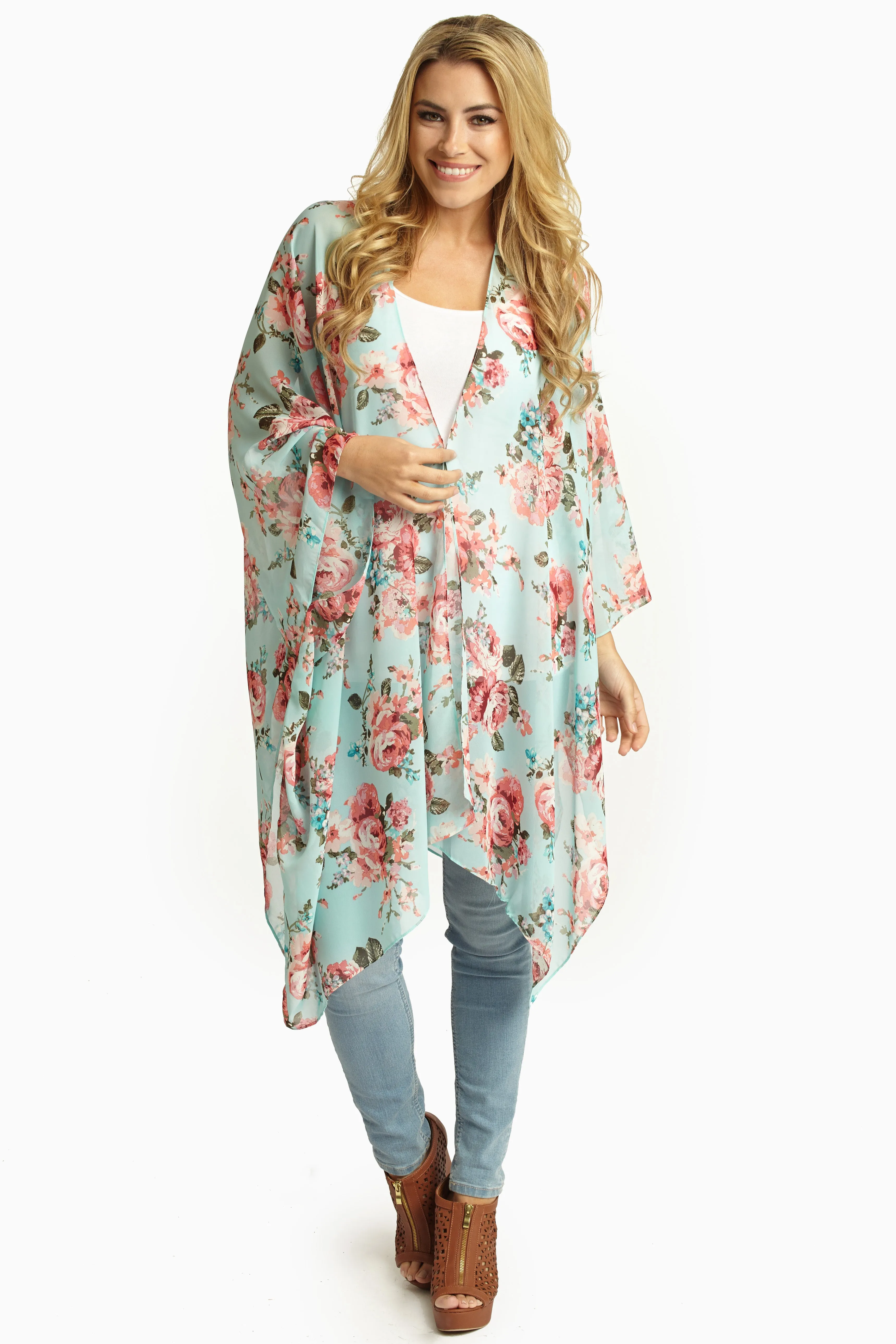 Aqua Pink Floral Sheer Maxi Cardigan