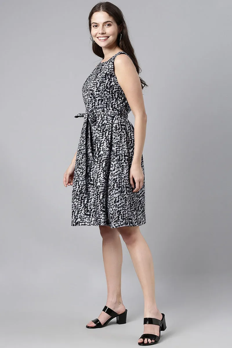 Black Crepe Abstract Print Mini Dress