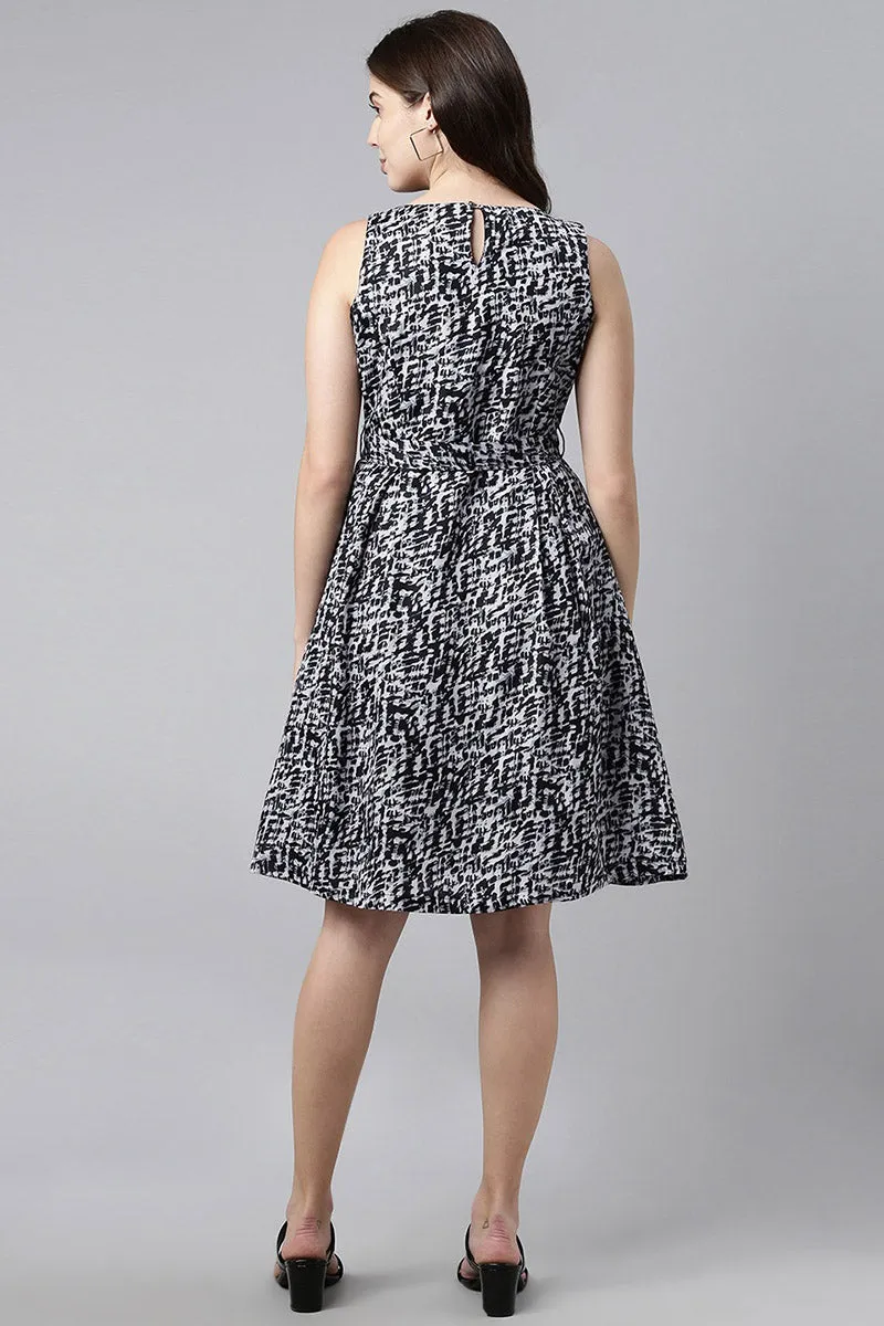 Black Crepe Abstract Print Mini Dress