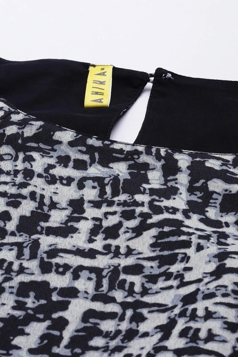 Black Crepe Abstract Print Mini Dress