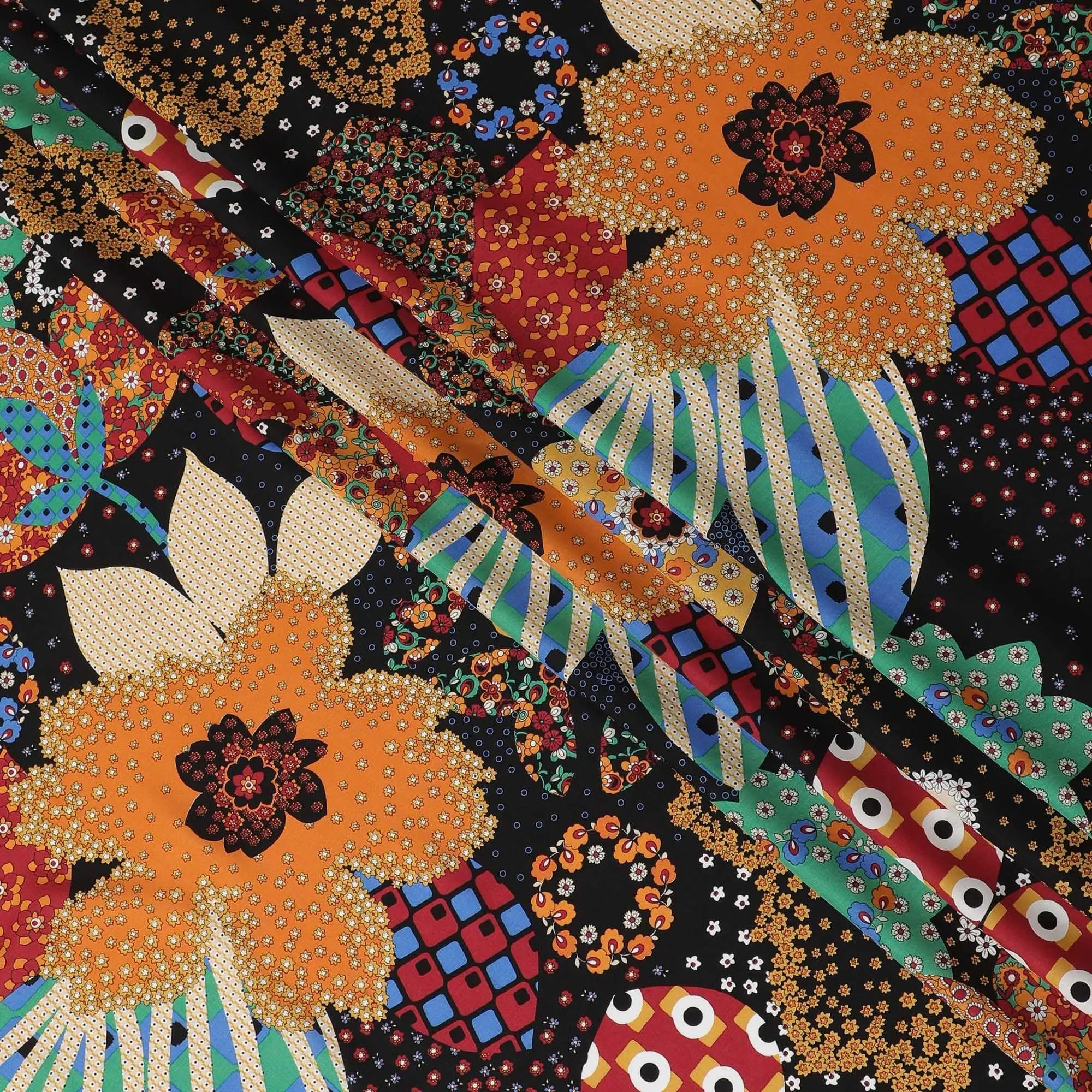 Black premium Italian viscose fabric with multicolor print in floral design-D12531