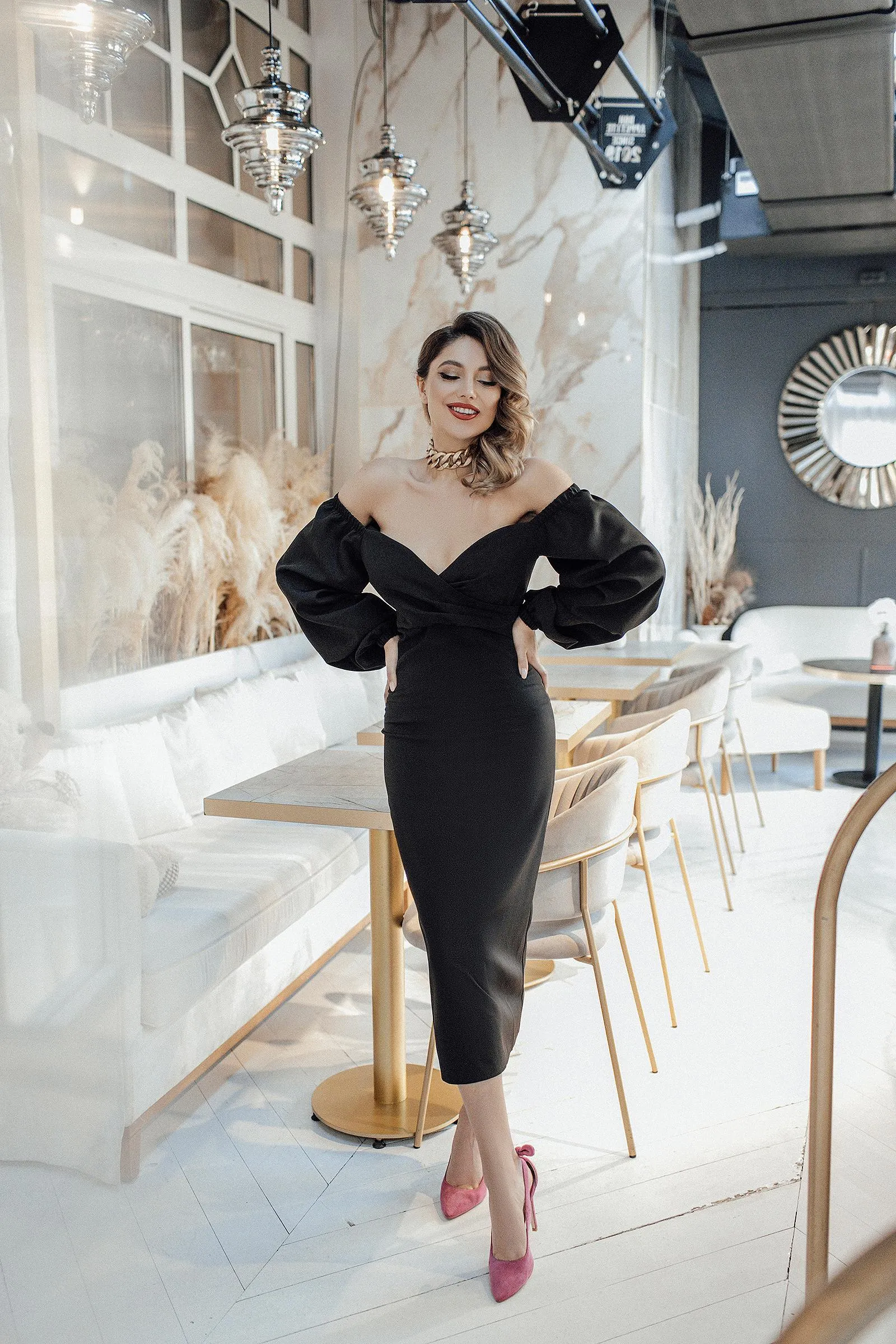 Black Puff-Sleeve Maxi Dress