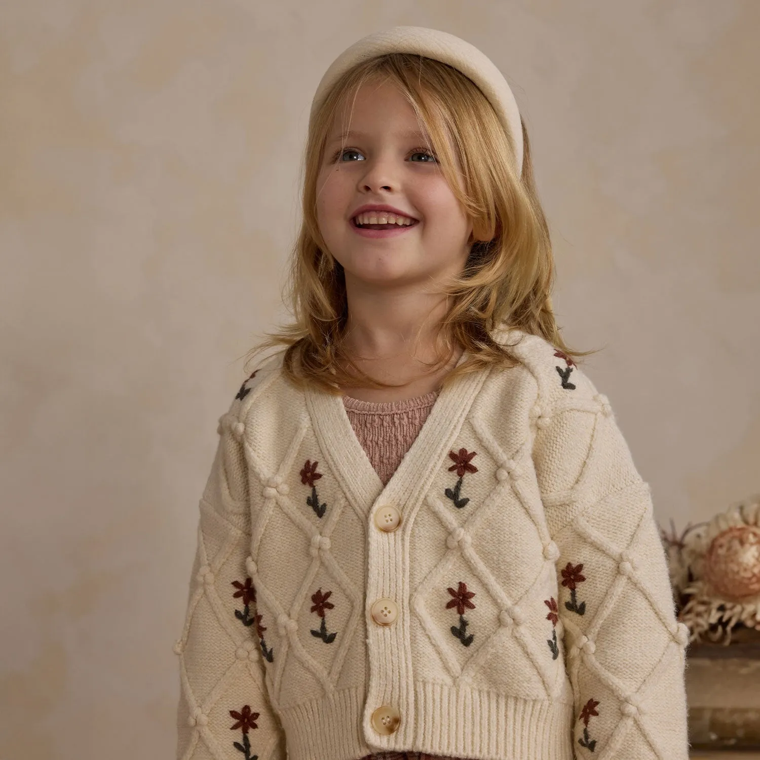 Boxy Cardigan - Winter Floral Embroidery - Natural