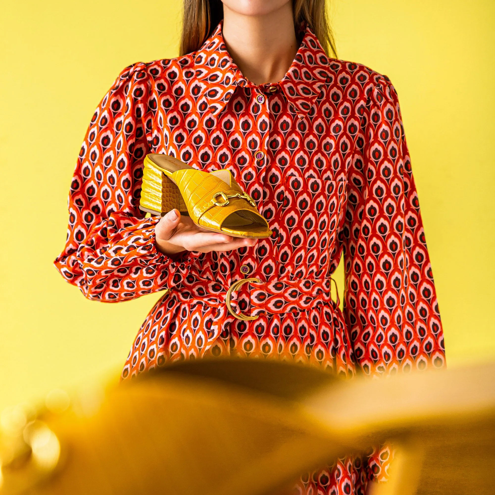 Brianna Yellow Croc Embossed Leather Block Heel Mules