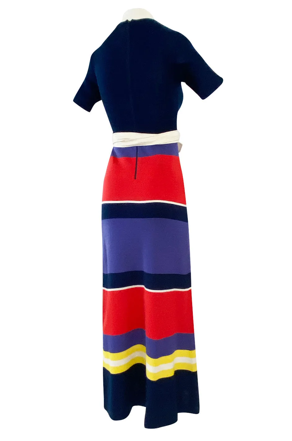 c.1972 Lanvin Bright Navy, Cornflower, Yellow, Red & White Stripe Knit Dress W Belt