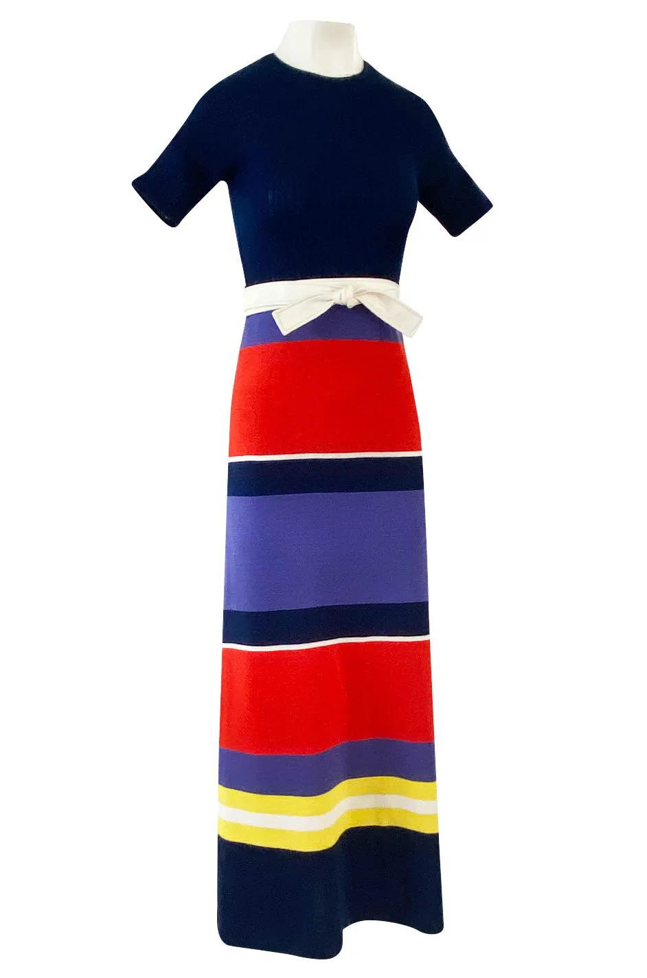 c.1972 Lanvin Bright Navy, Cornflower, Yellow, Red & White Stripe Knit Dress W Belt