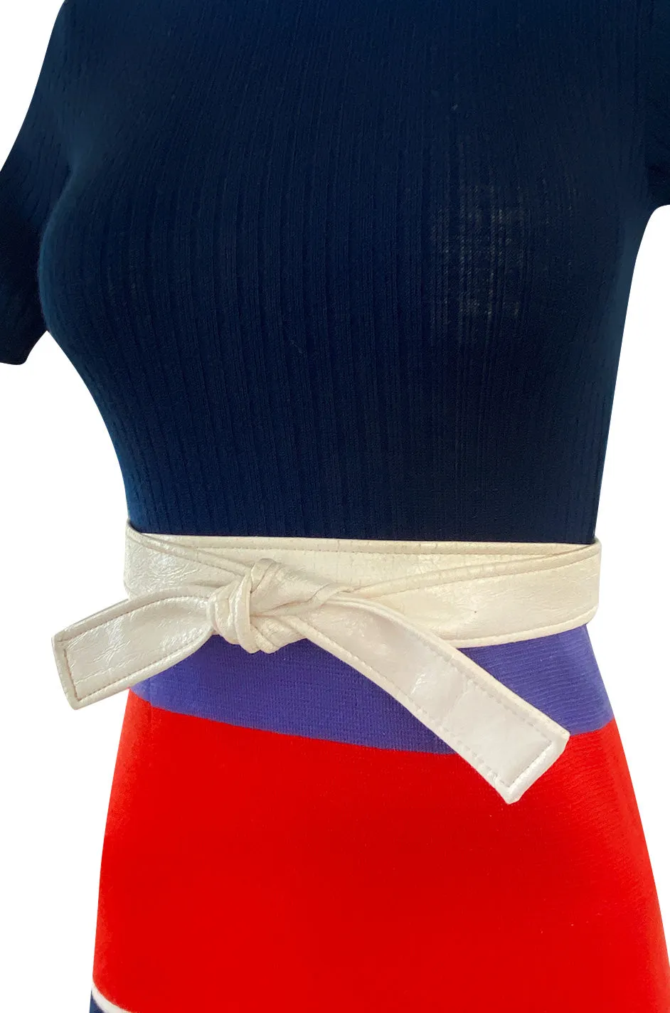 c.1972 Lanvin Bright Navy, Cornflower, Yellow, Red & White Stripe Knit Dress W Belt