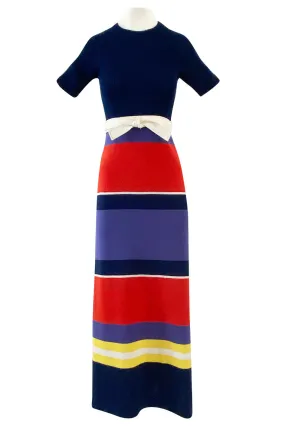 c.1972 Lanvin Bright Navy, Cornflower, Yellow, Red & White Stripe Knit Dress W Belt