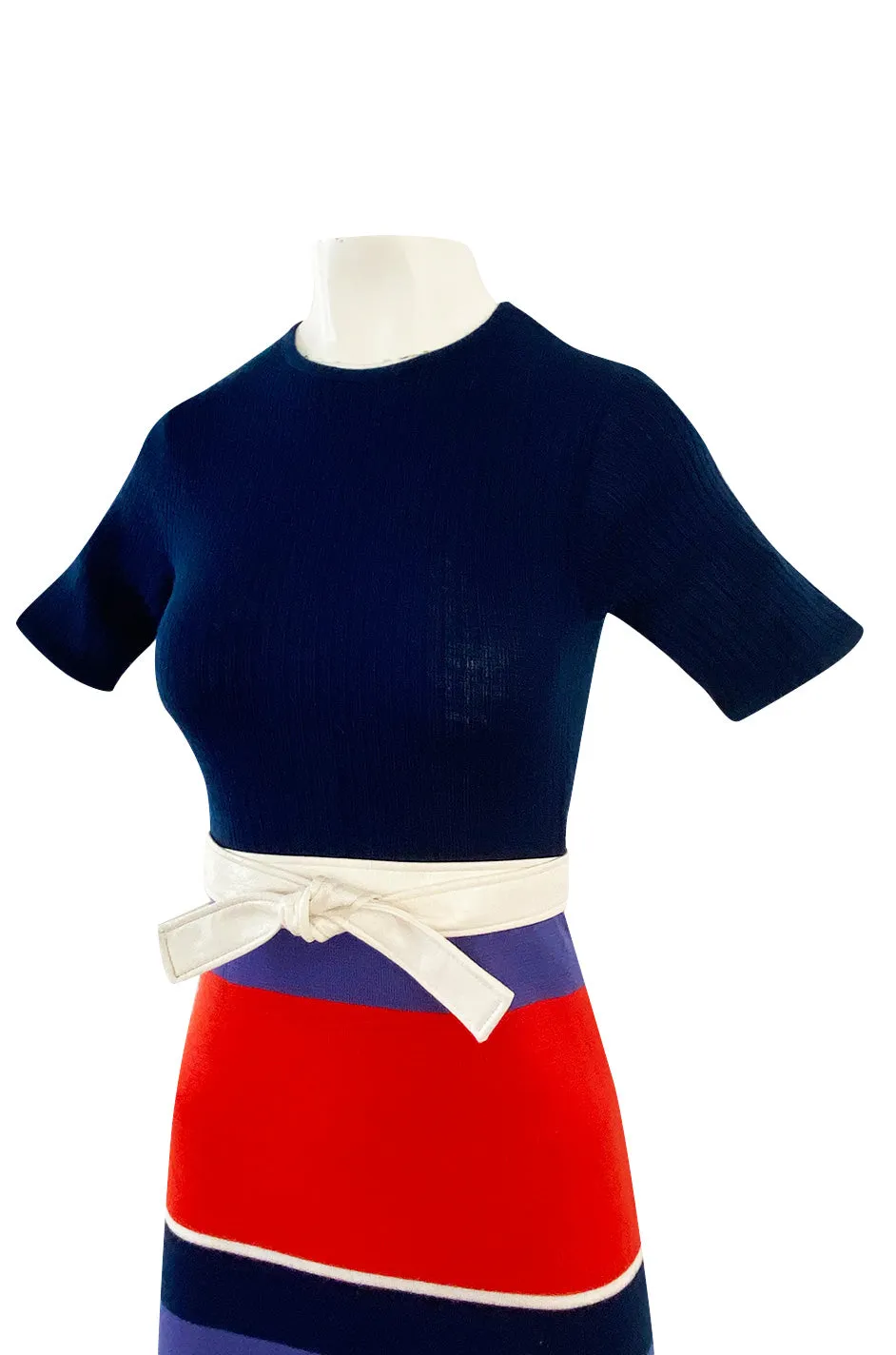 c.1972 Lanvin Bright Navy, Cornflower, Yellow, Red & White Stripe Knit Dress W Belt