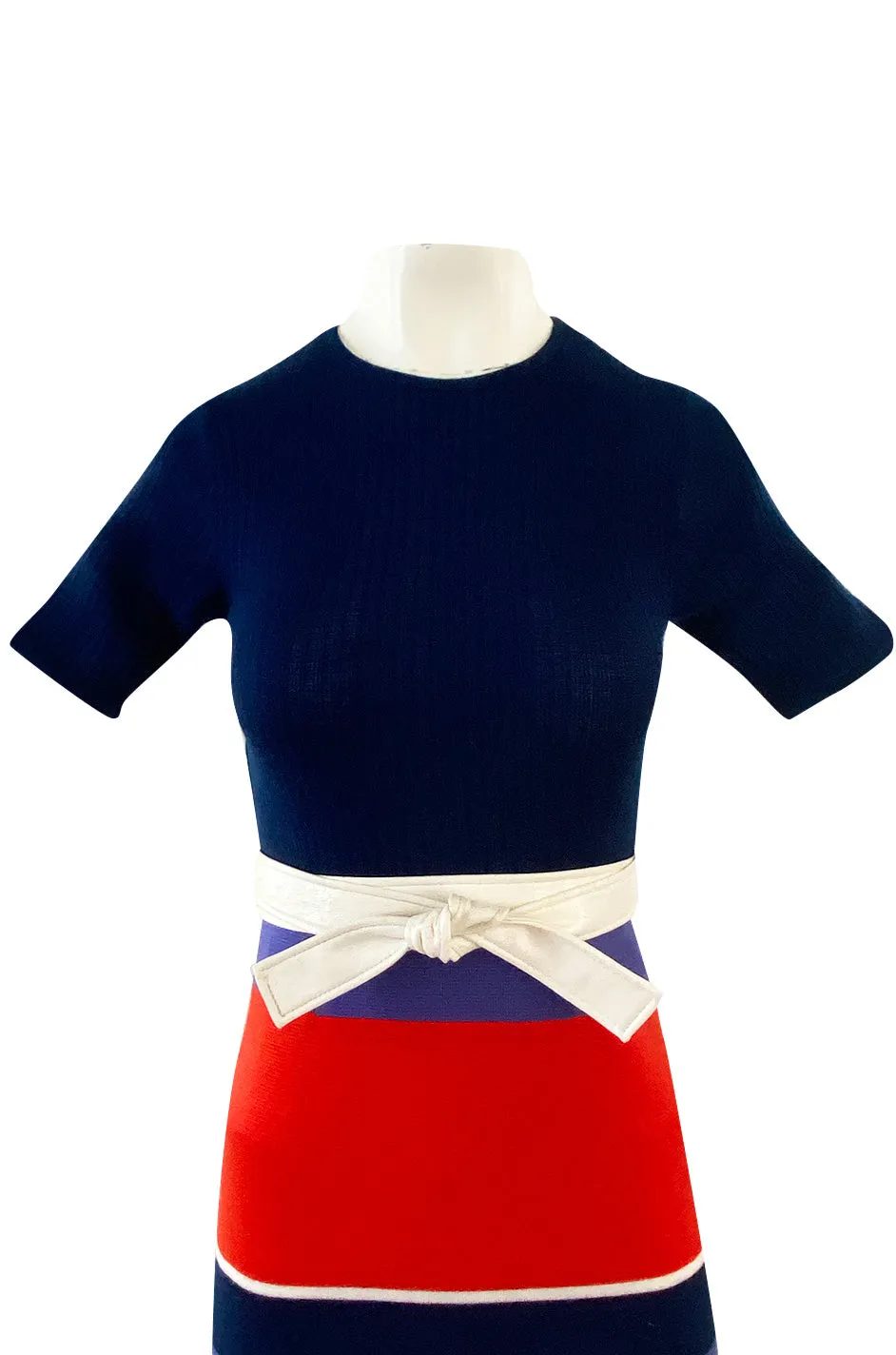c.1972 Lanvin Bright Navy, Cornflower, Yellow, Red & White Stripe Knit Dress W Belt