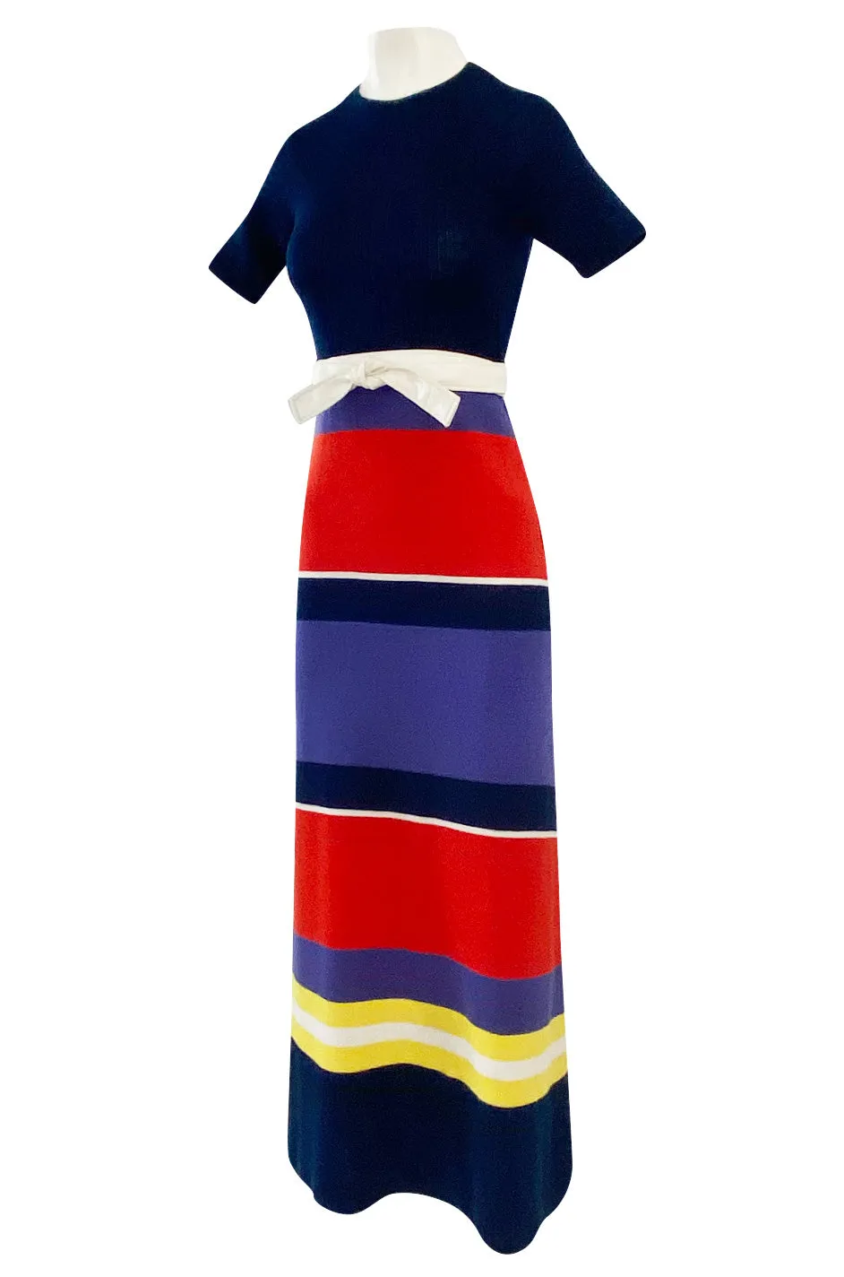 c.1972 Lanvin Bright Navy, Cornflower, Yellow, Red & White Stripe Knit Dress W Belt