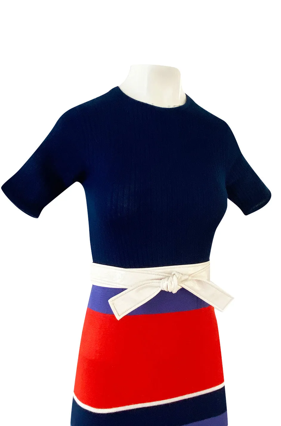 c.1972 Lanvin Bright Navy, Cornflower, Yellow, Red & White Stripe Knit Dress W Belt
