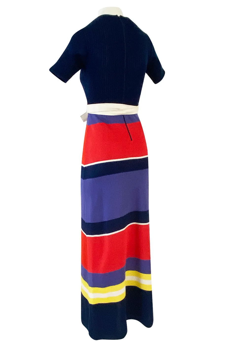 c.1972 Lanvin Bright Navy, Cornflower, Yellow, Red & White Stripe Knit Dress W Belt