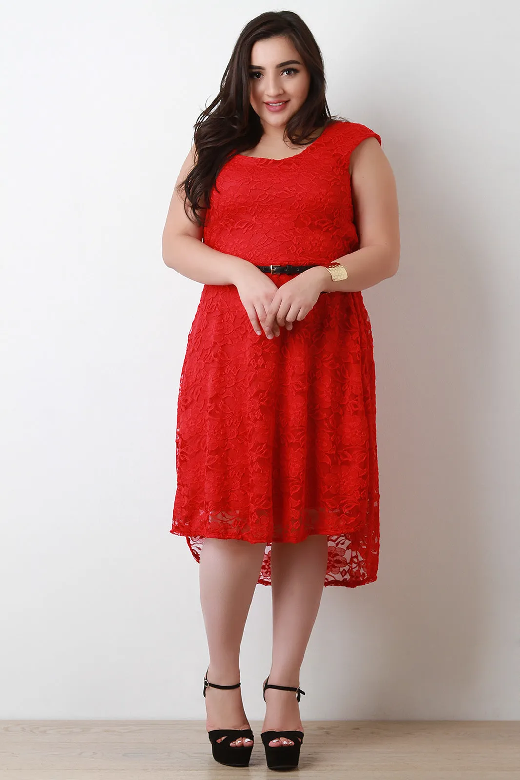 Cap Sleeve High Low Hem Lace Skater Dress