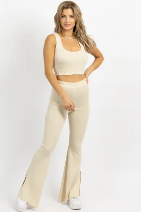CREAM STRETCH SLIT FLARE PANT SET