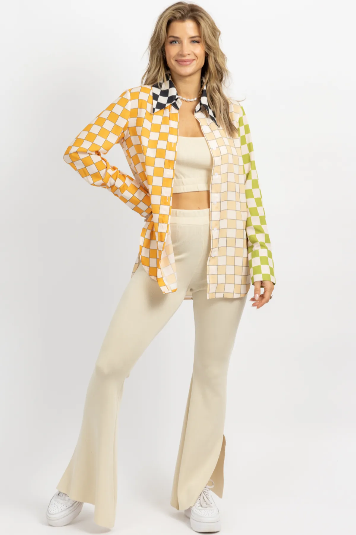 CREAM STRETCH SLIT FLARE PANT SET