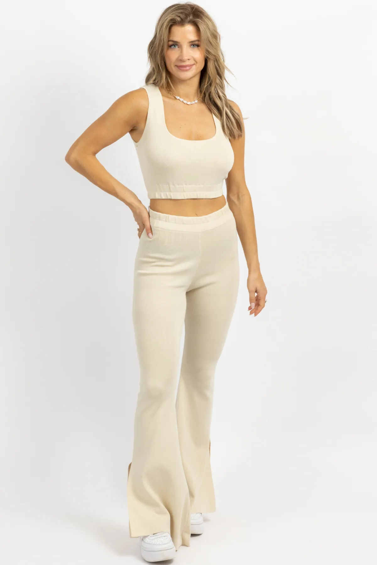 CREAM STRETCH SLIT FLARE PANT SET