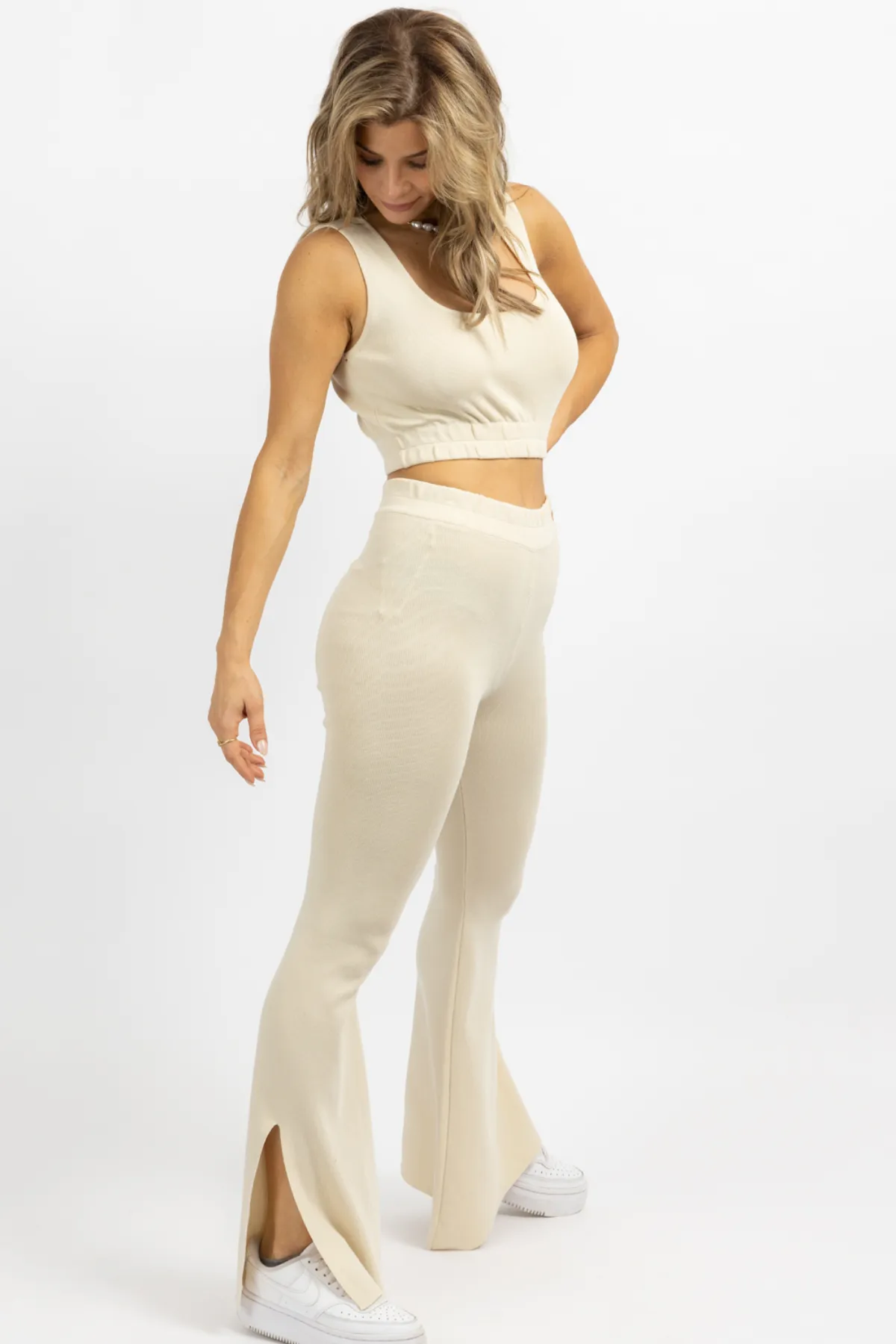 CREAM STRETCH SLIT FLARE PANT SET