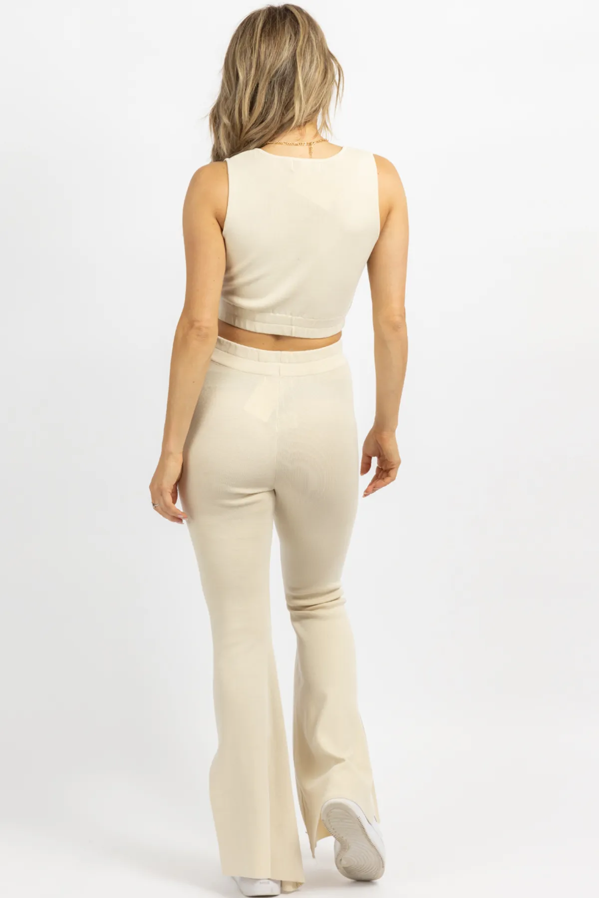 CREAM STRETCH SLIT FLARE PANT SET