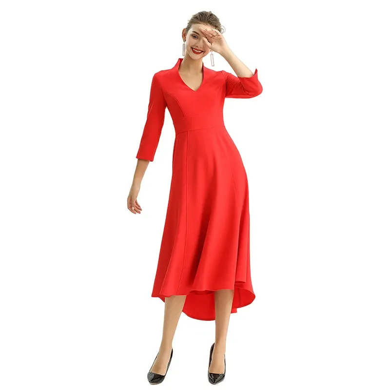 D186 Women solid three-quarter sleeves A-line high low hem midi party dress