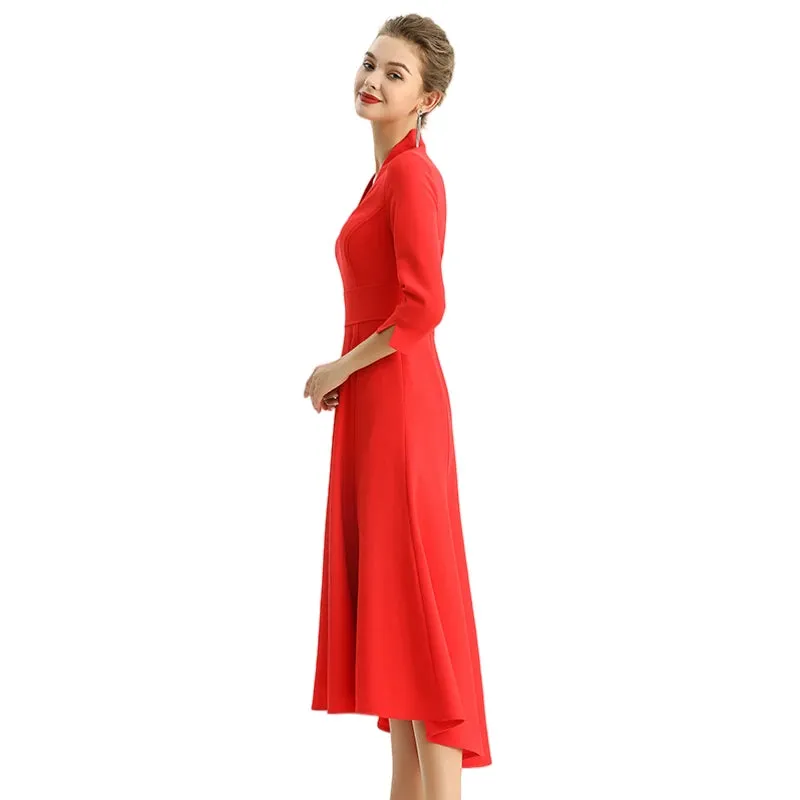D186 Women solid three-quarter sleeves A-line high low hem midi party dress