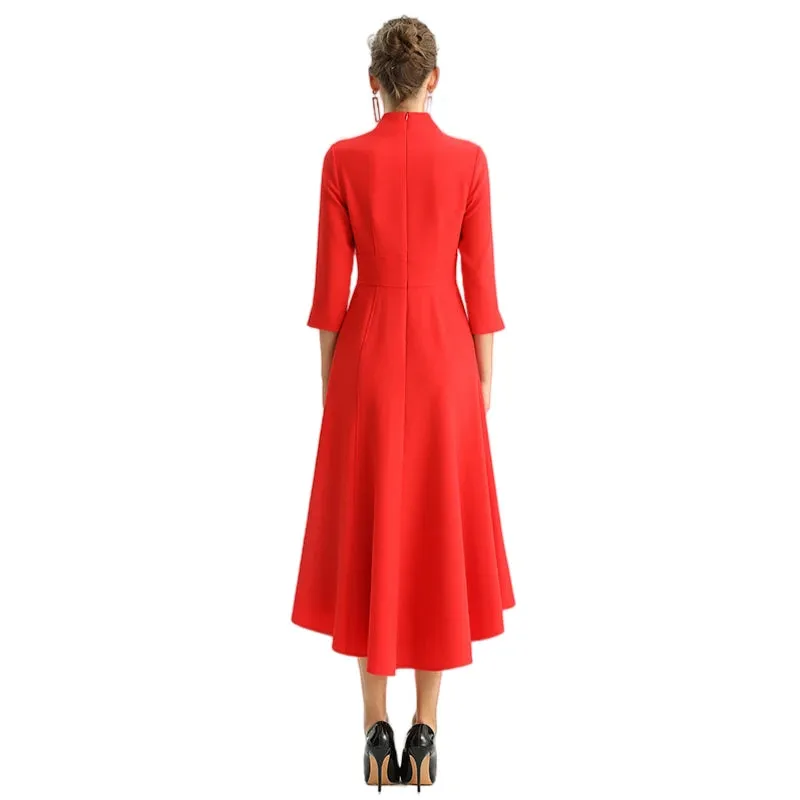 D186 Women solid three-quarter sleeves A-line high low hem midi party dress