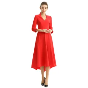 D186 Women solid three-quarter sleeves A-line high low hem midi party dress