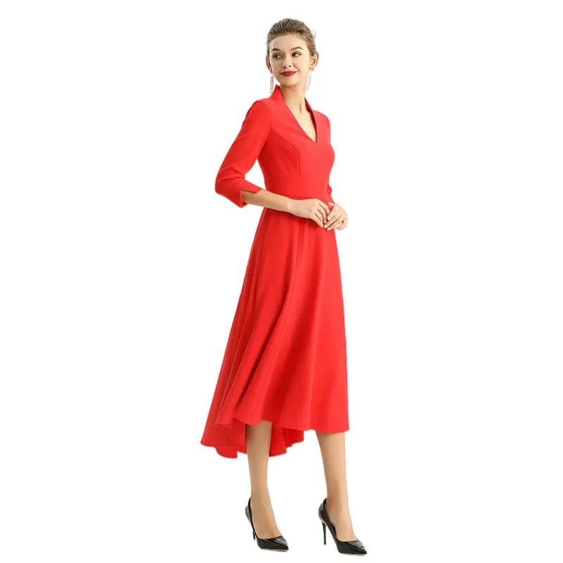 D186 Women solid three-quarter sleeves A-line high low hem midi party dress