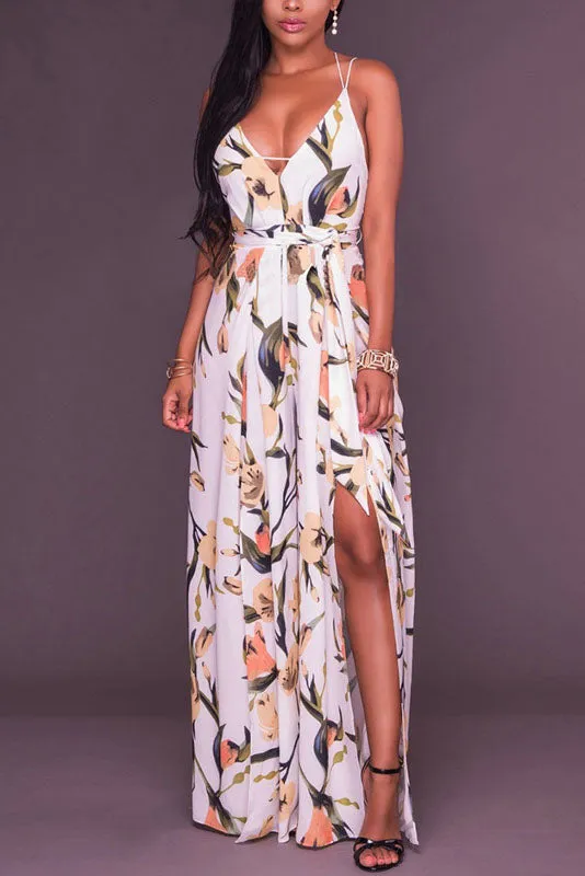 Deep V-neck Spaghetti Straps Print Split Long Jumpsuit
