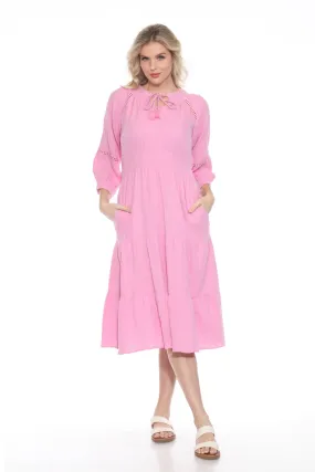 Johnny Was Calme Light Pink Elastic Waist Tiered Midi Dress O31124
