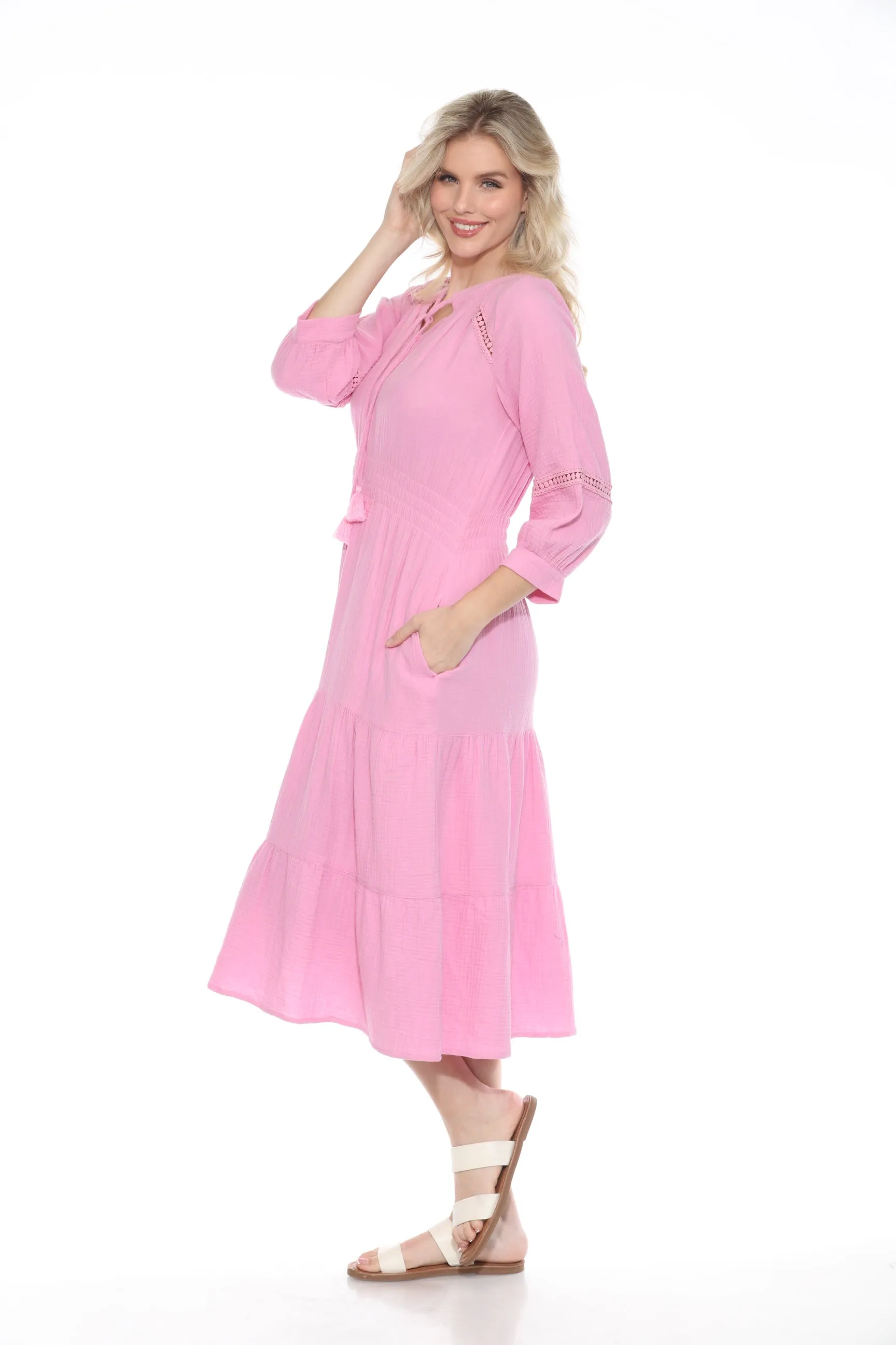 Johnny Was Calme Light Pink Elastic Waist Tiered Midi Dress O31124
