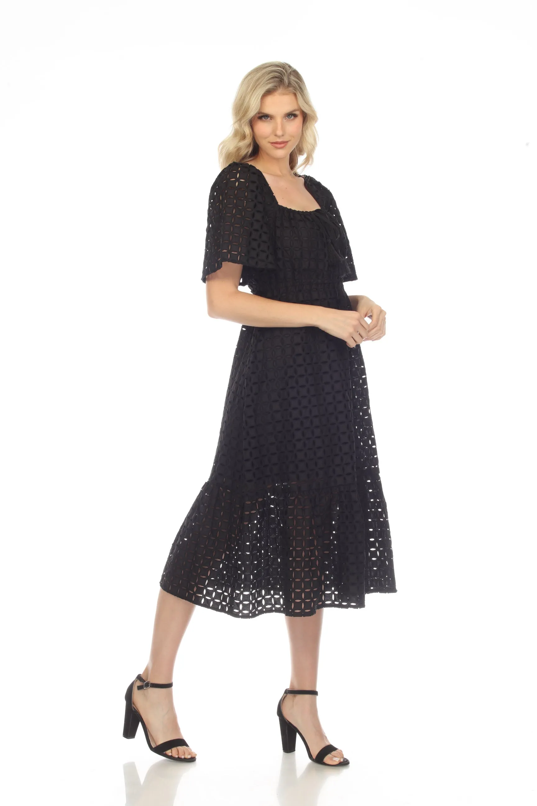 Johnny Was Jade Black Misty Eyelet Short Sleeve Midi Dress Boho Chic L37822