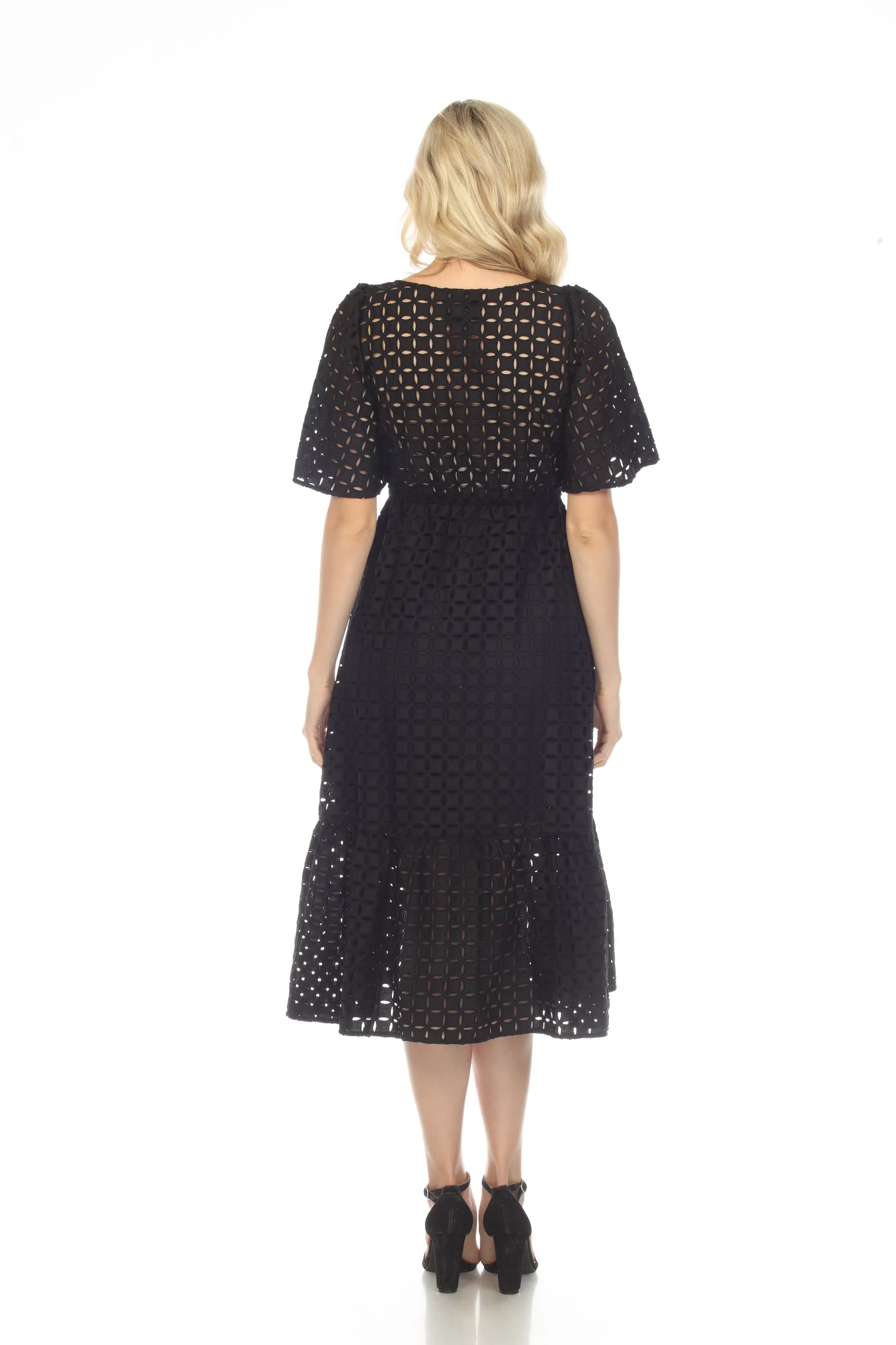 Johnny Was Jade Black Misty Eyelet Short Sleeve Midi Dress Boho Chic L37822