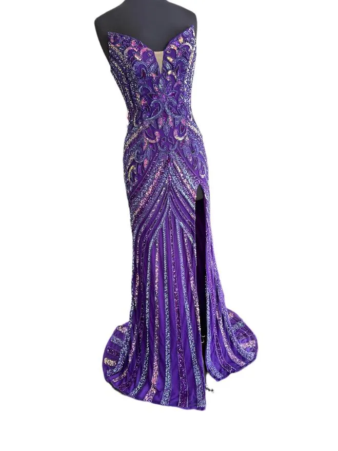 Jovani 38707 Beaded Strapless Peak Point Prom Dress Maxi Slit Pageant Gown Sequin Gown