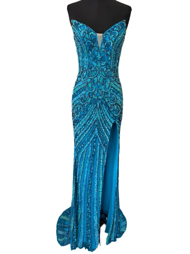 Jovani 38707 Beaded Strapless Peak Point Prom Dress Maxi Slit Pageant Gown Sequin Gown