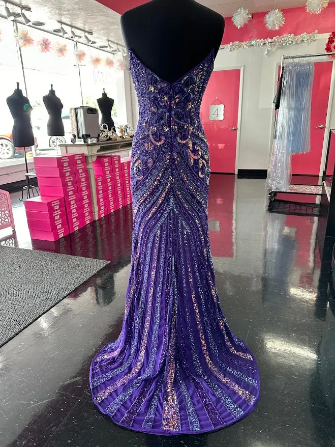 Jovani 38707 Size 00 Neon Pink Beaded Strapless Peak Point Prom Dress Maxi Slit Pageant Gown Sequin Gown