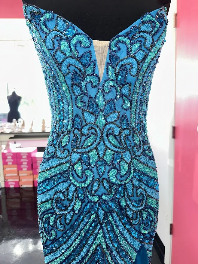 Jovani 38707 Size 00 Neon Pink Beaded Strapless Peak Point Prom Dress Maxi Slit Pageant Gown Sequin Gown