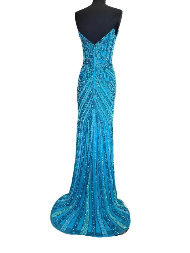 Jovani 38707 Size 00 Neon Pink Beaded Strapless Peak Point Prom Dress Maxi Slit Pageant Gown Sequin Gown