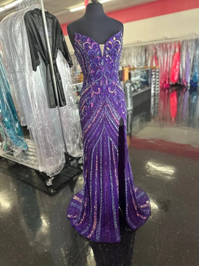 Jovani 38707 Size 00 Neon Pink Beaded Strapless Peak Point Prom Dress Maxi Slit Pageant Gown Sequin Gown