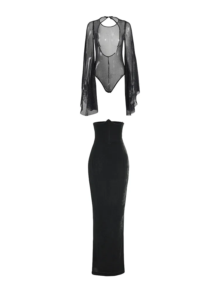 Le Palais Vintage elegant sexy sheer glitter jumpsuit leotard dress skirt- Talso