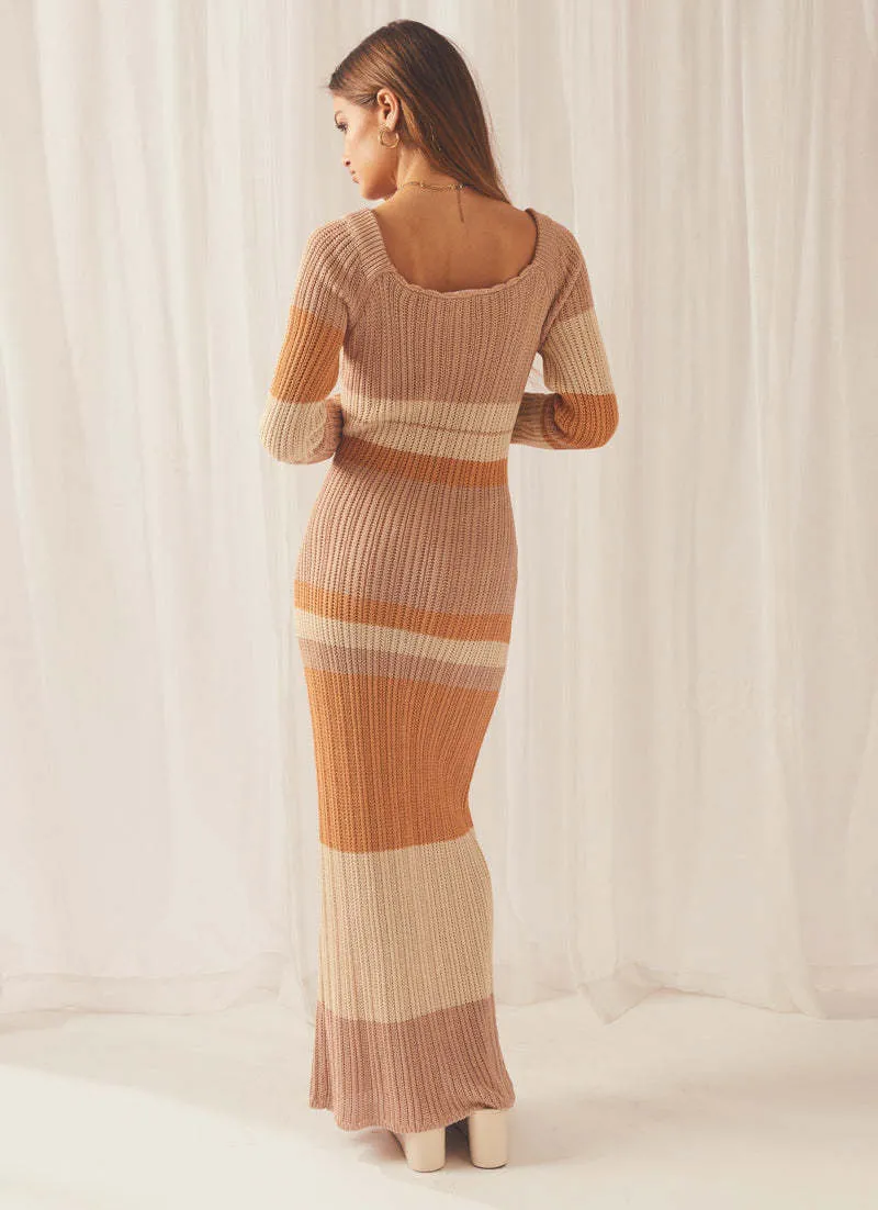 Long Contrast Color Off Neck Off The Shoulder Hollow Out Cutout Out Beach Long Sleeve Knitted Striped Dress Women