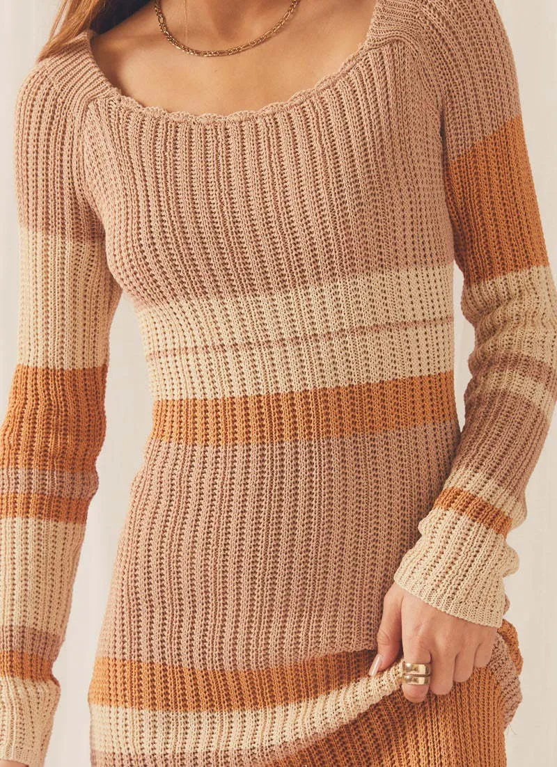 Long Contrast Color Off Neck Off The Shoulder Hollow Out Cutout Out Beach Long Sleeve Knitted Striped Dress Women